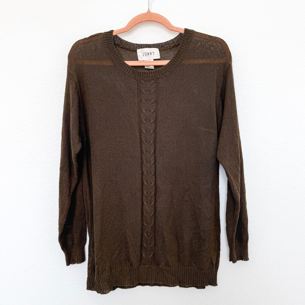 VTG Jenny Womens Sweater Size M Chocolate Brown Cable Knit Sheer Lightweight 90s